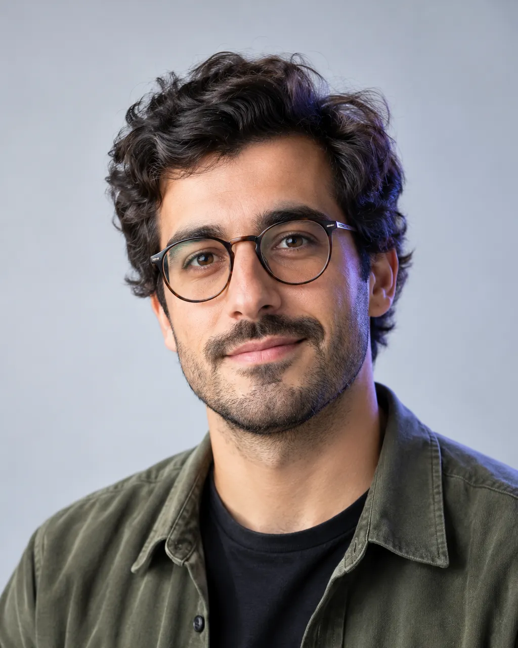 Professional head-and-shoulders portrait of a Portuguese man in his early thirties with dark wavy hair and round…