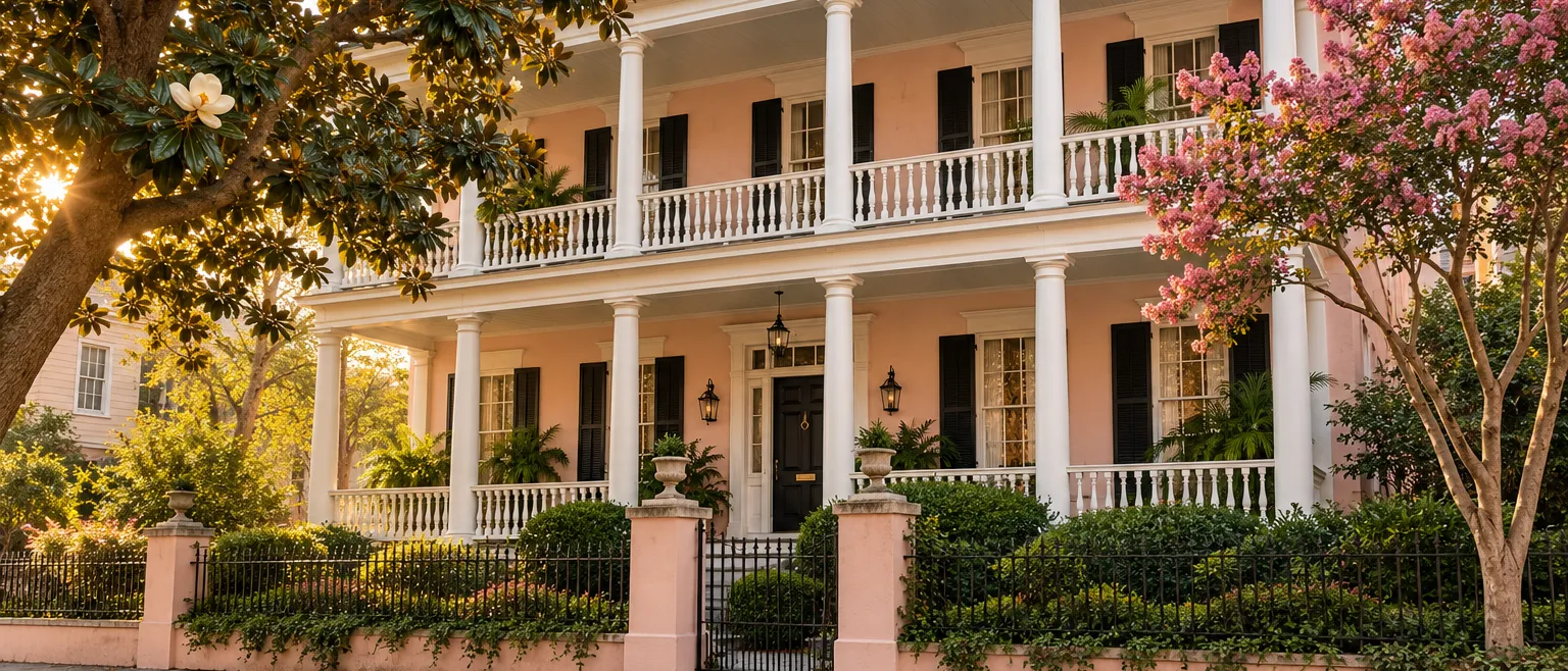Exterior of a restored pale pink Charleston single house with long double piazzas, white columns and a black front…