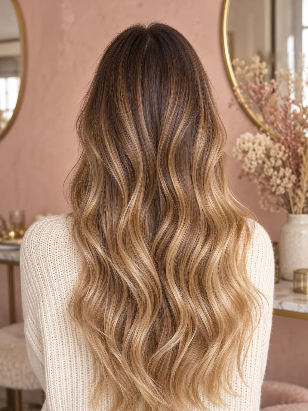 Soft honey balayage on long wavy hair