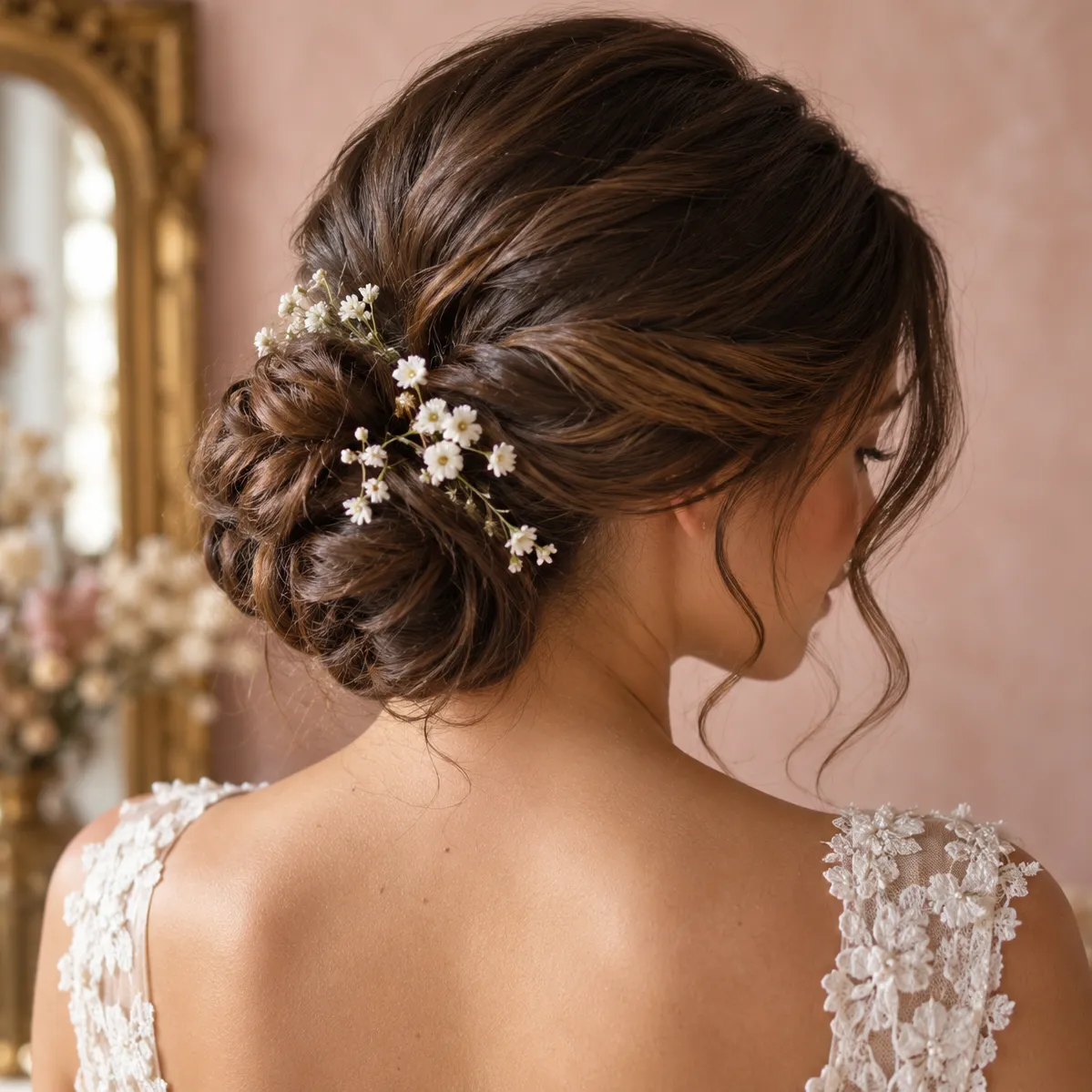 Romantic low bridal chignon with baby's breath