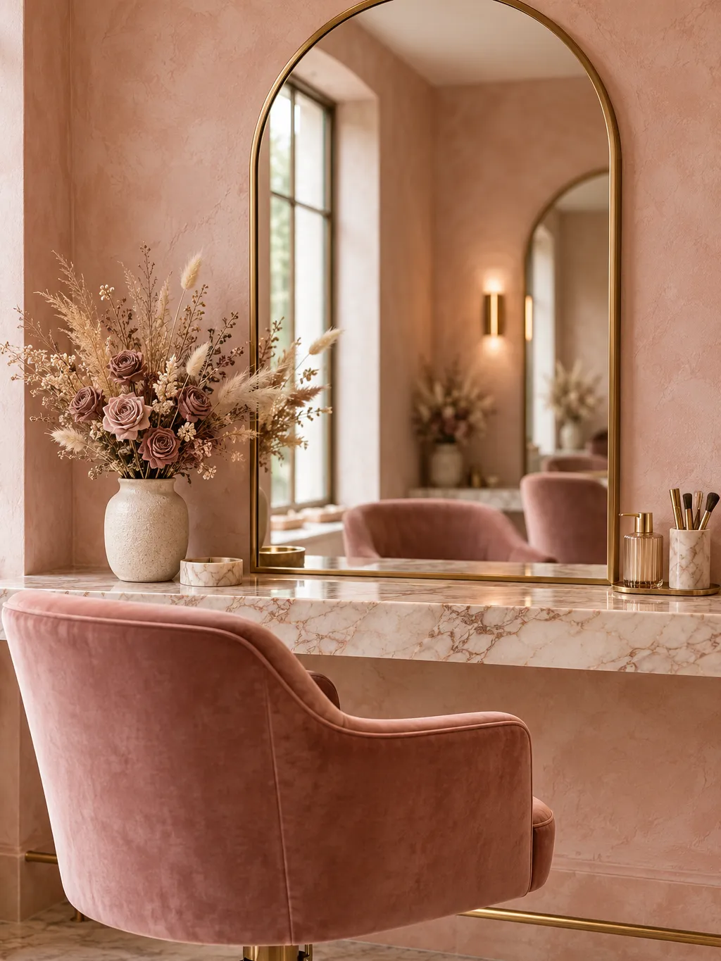Elegant salon interior detail: an arched brass-framed mirror on a blush limewashed plaster wall, a velvet styling…