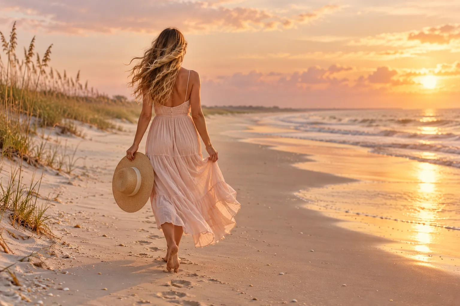 Woman with sun-kissed blonde balayage walking on a wide Lowcountry beach at golden hour, seen from behind with hair…