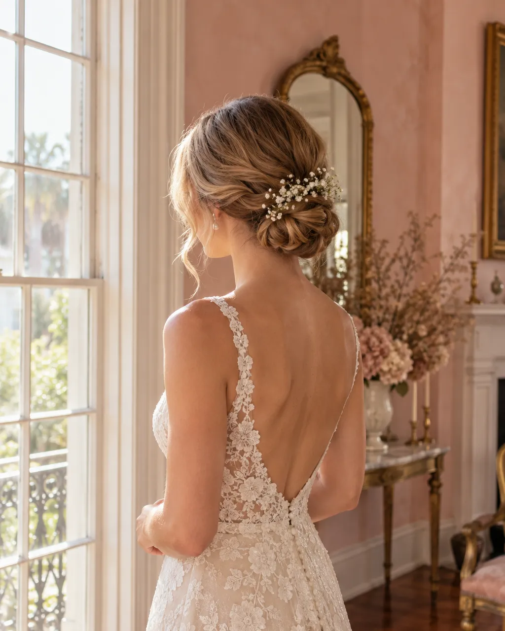 Bride with a soft romantic low chignon adorned with small sprigs of baby's breath, seen from behind and slightly to…