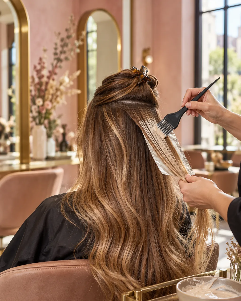 Colourist hand-painting balayage onto sections of long light-brown hair, client seated facing away, small ceramic…