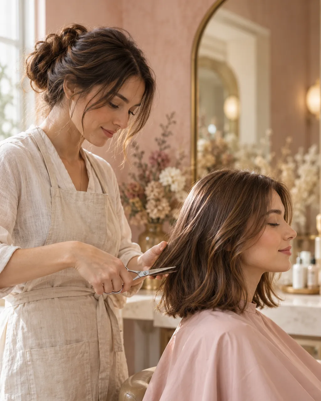 Stylist cutting a client's shoulder-length brown hair in a light-filled salon, viewed from the side, client in a…