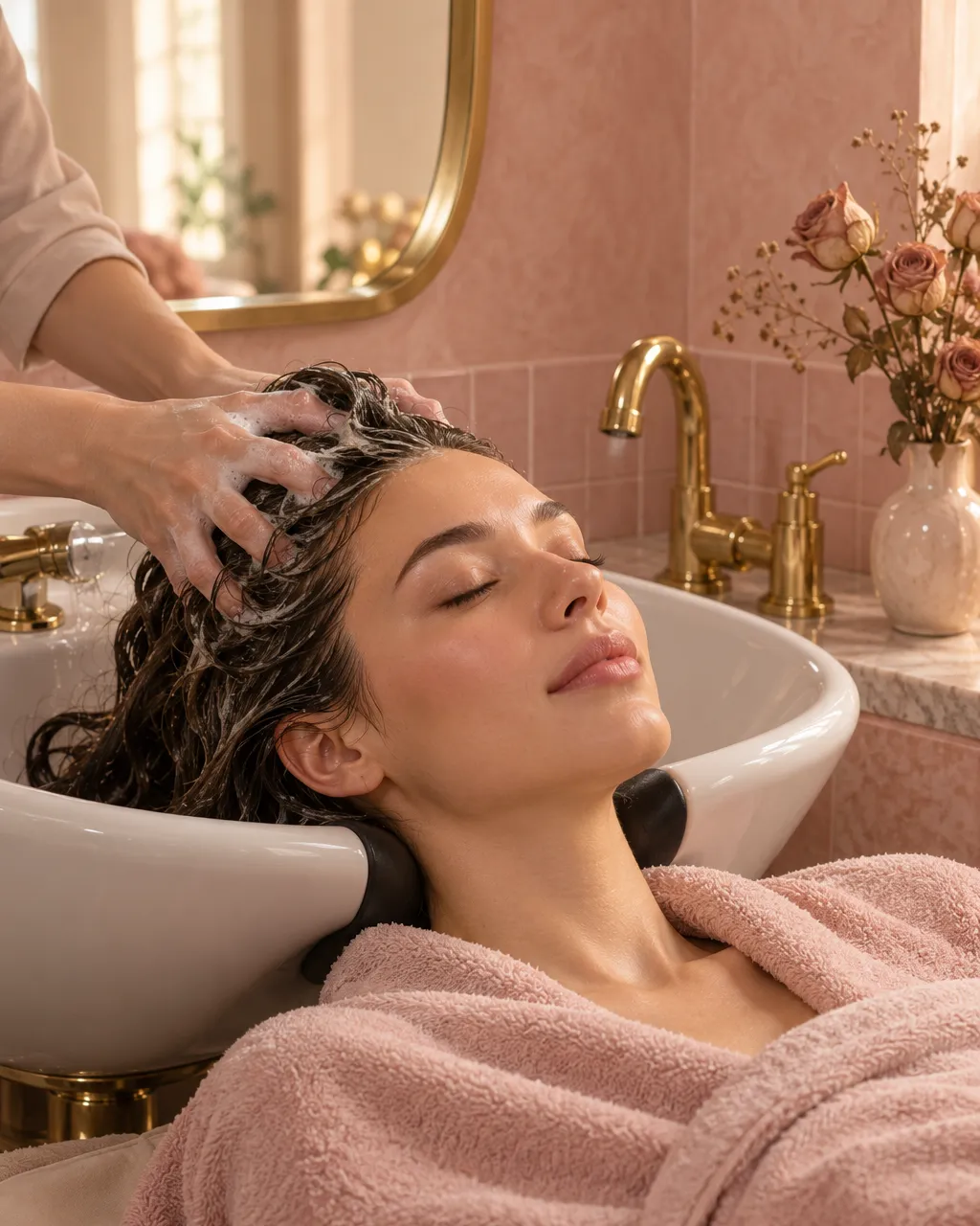 Woman reclining at a salon basin receiving a relaxing scalp massage, eyes closed, towel wrapped neatly, stylist's…