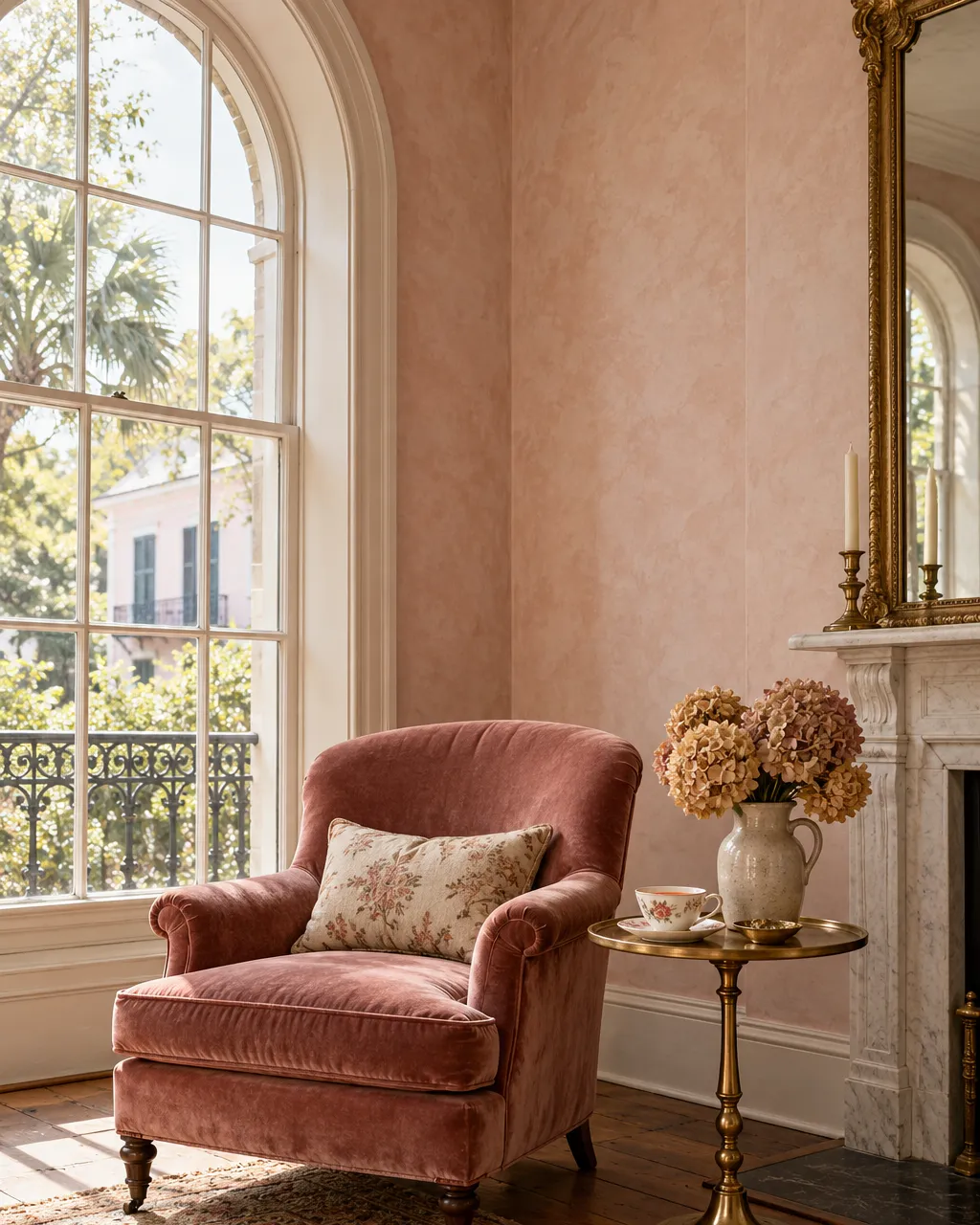 Quiet salon corner by a tall arched window in a restored Charleston single house, a dusty-rose velvet chair, a small…
