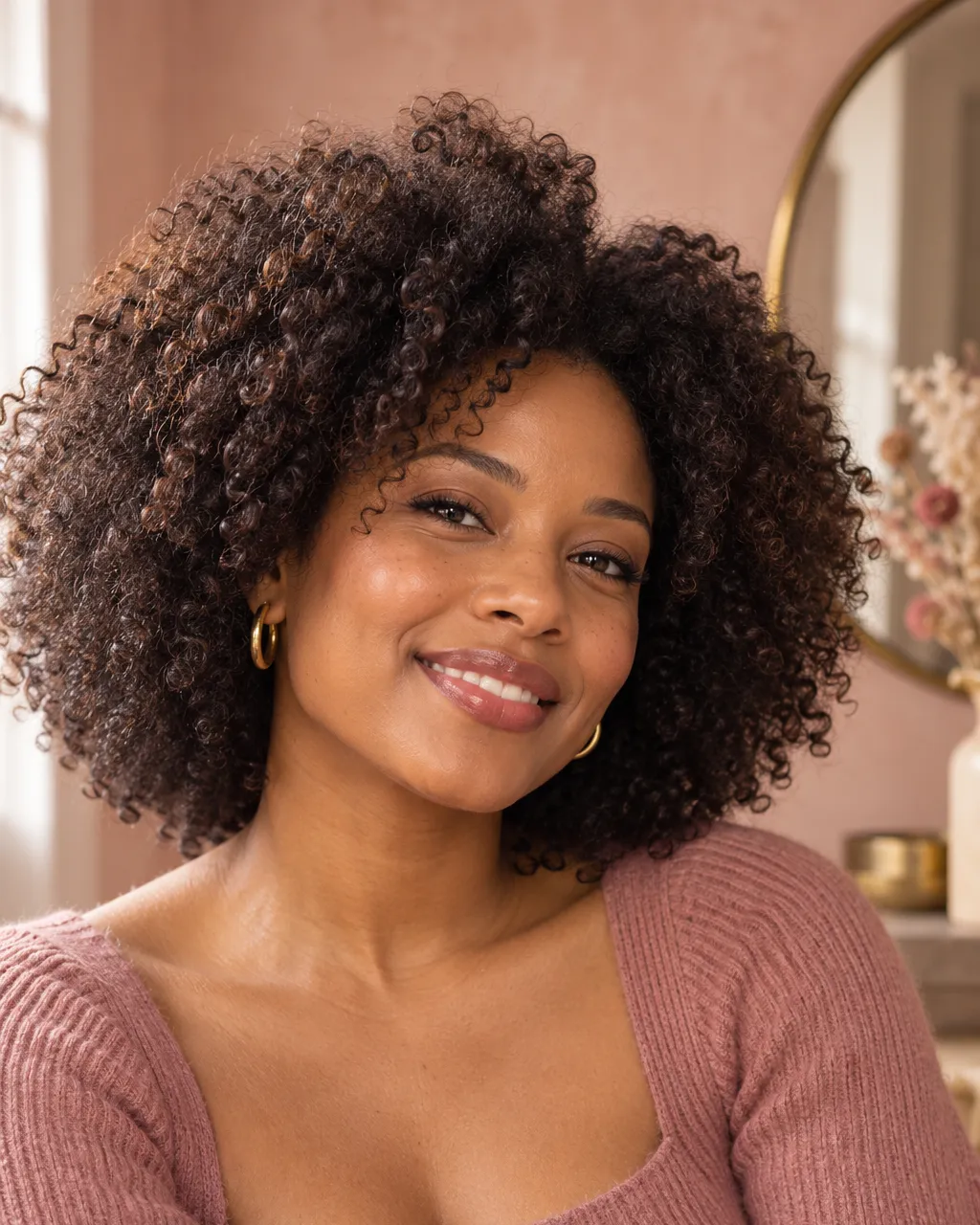 A Black woman in her early thirties with a voluminous natural curly afro, wearing a dusty-rose knit top and small…