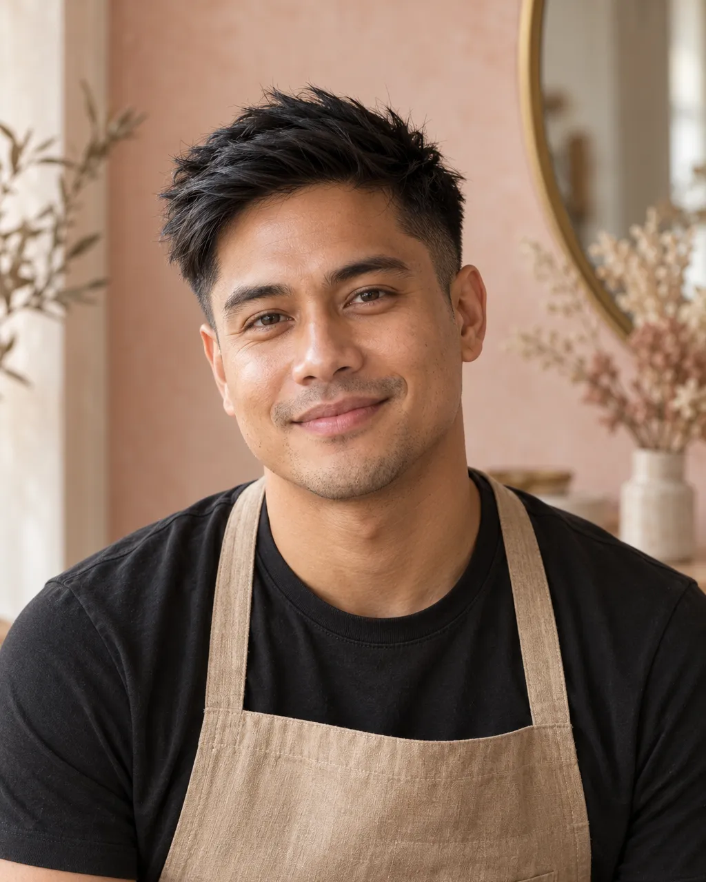 A Filipino-American man in his early thirties with a textured short haircut, wearing a black crew-neck tee under a…