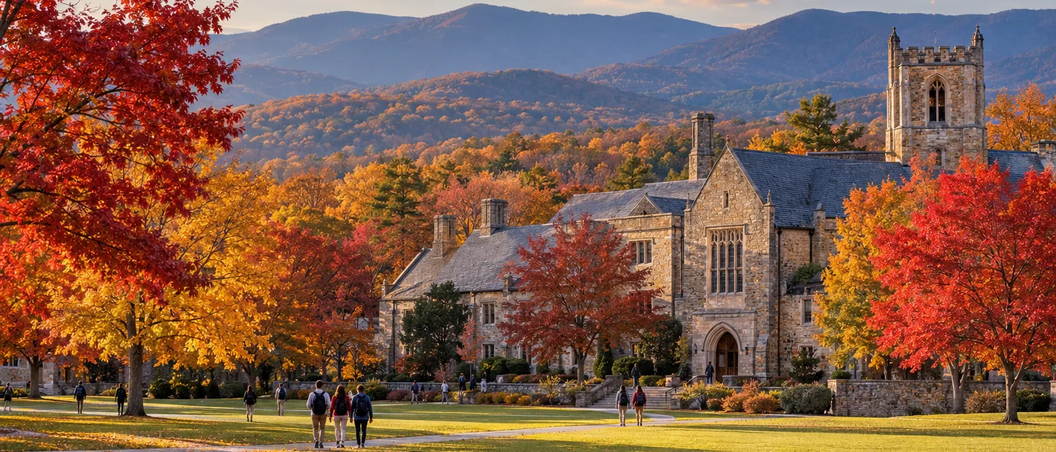 A historic stone commons building at an independent school with a broad lawn, autumn maples in crimson and gold,…