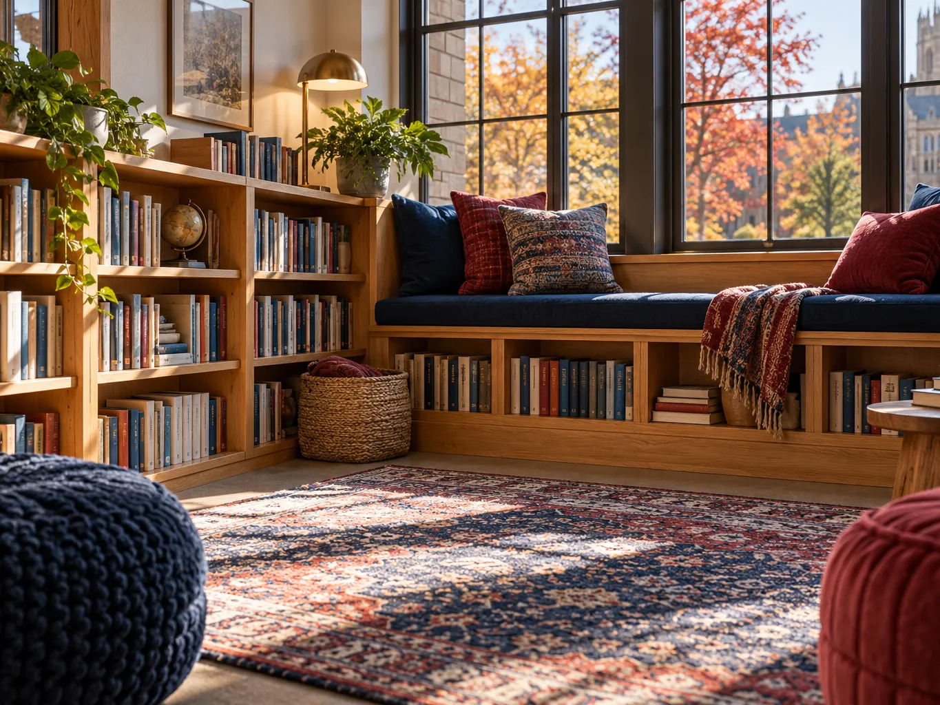 Quiet classroom library corner with low wooden shelves full of books, a reading rug, a window seat with cushions in…
