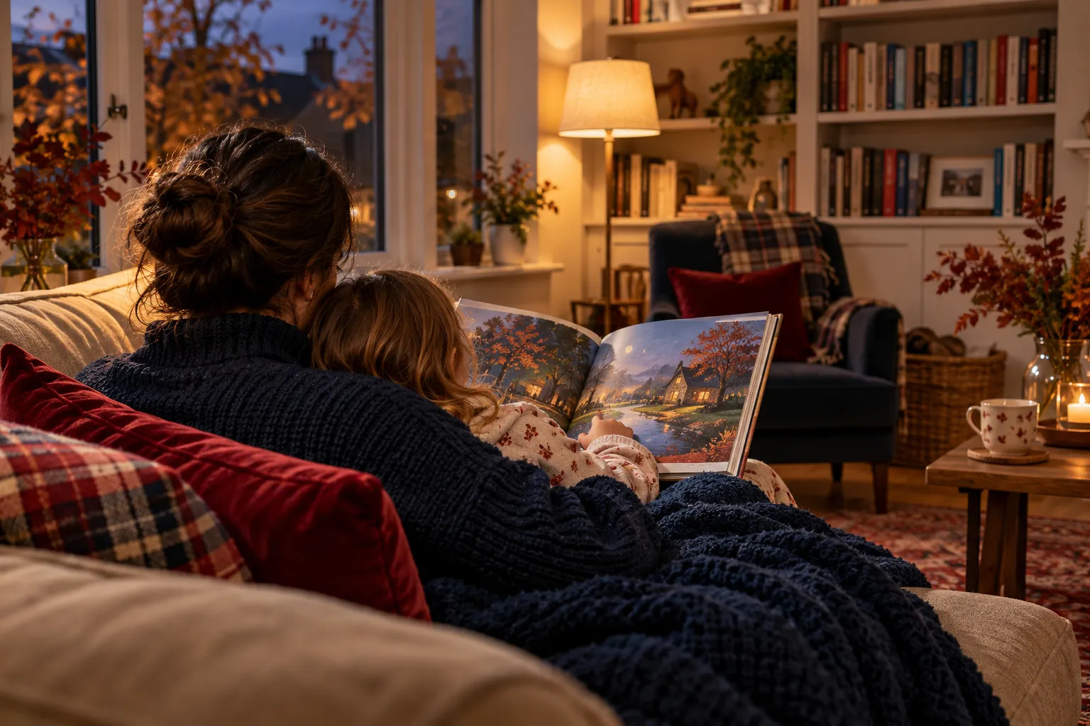 Cosy reading nook at home in the evening, a parent and young child seen from behind snuggled on a sofa with a…