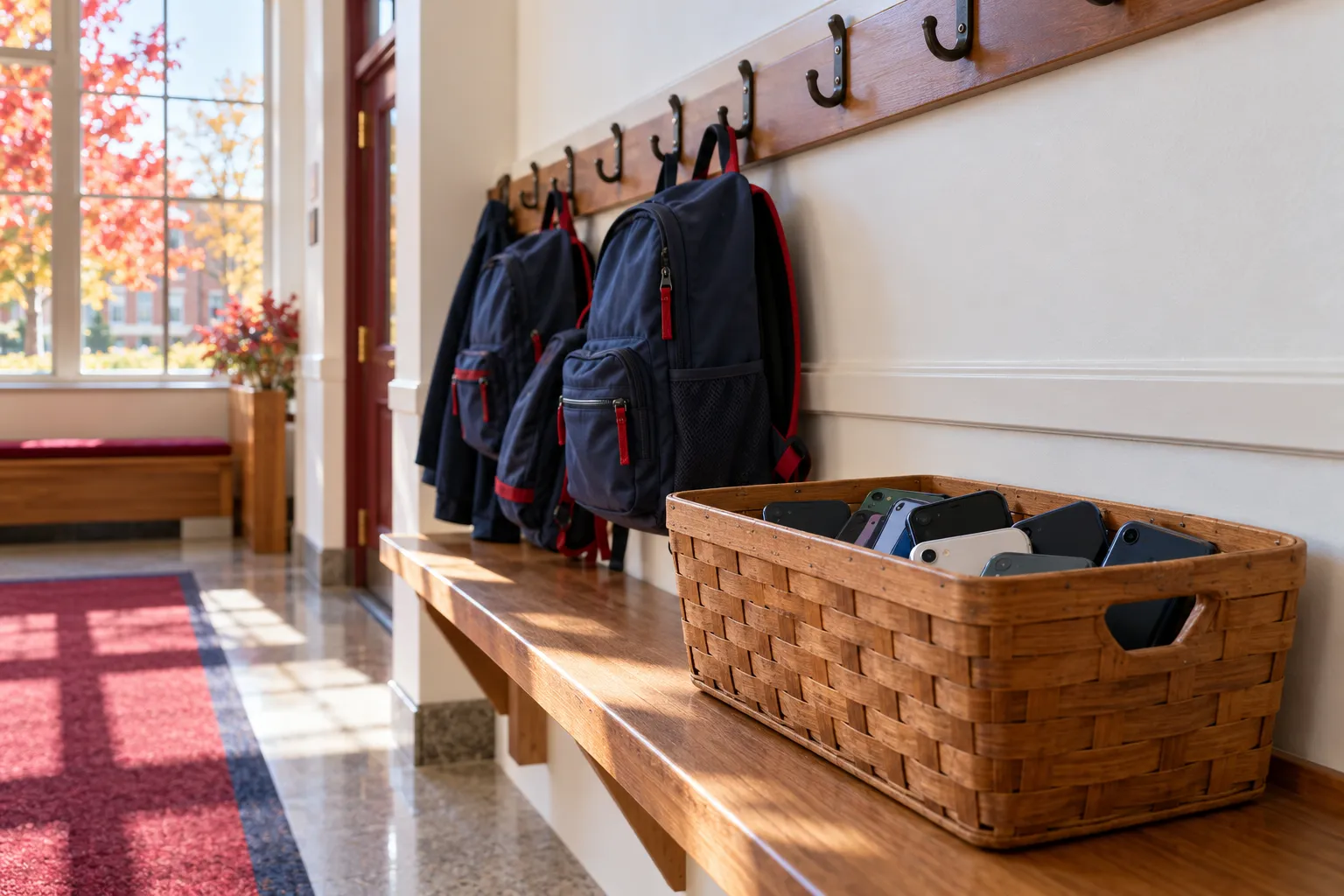 Wooden basket of smartphones face down on a hallway shelf beside a row of navy school backpacks hanging on hooks