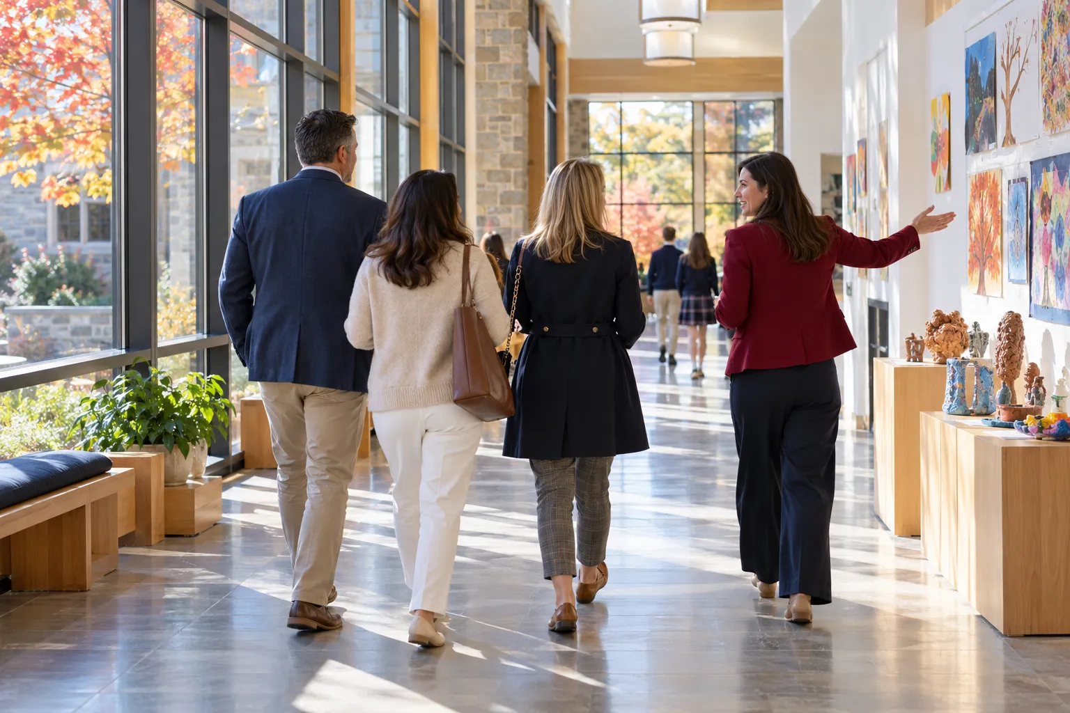 Parents on a school tour walking down a bright wide school hallway with children's artwork on the walls, an…