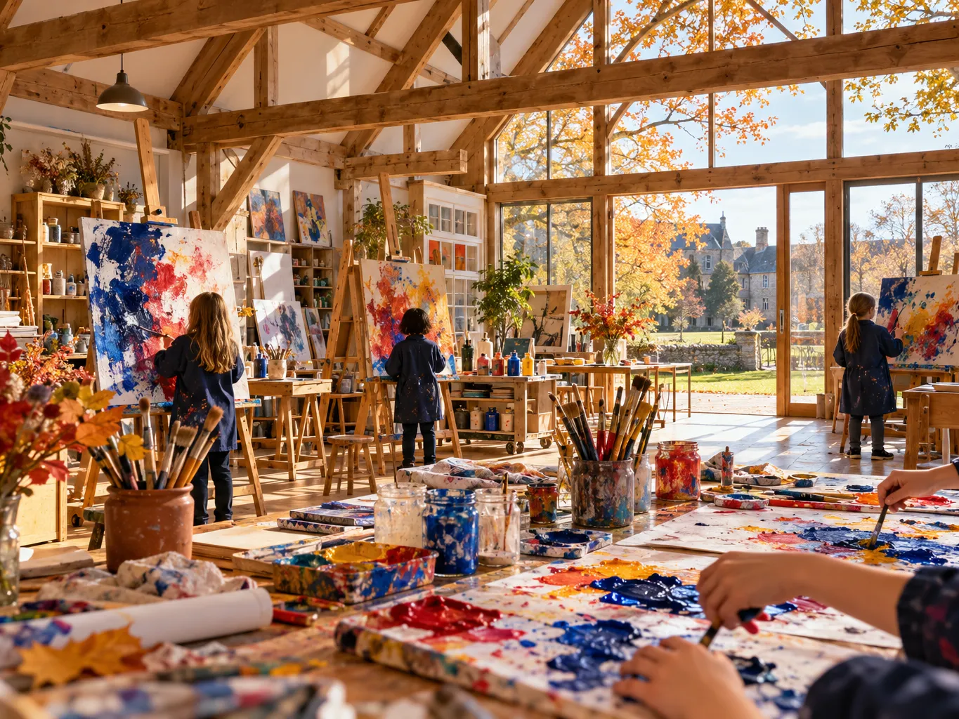 Light-filled converted barn art studio at a school, easels with colourful abstract paintings in progress, jars of…