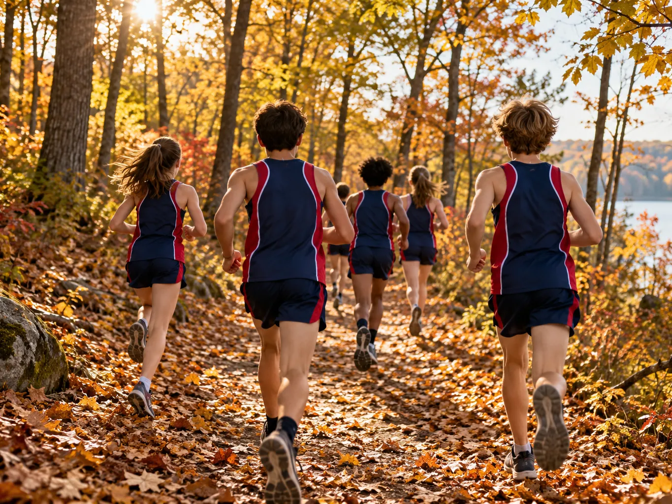 Middle school cross country runners in navy and crimson kit seen from behind running along a wooded trail in autumn