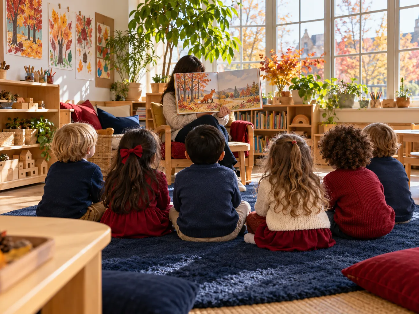 Bright kindergarten classroom from a wide angle, young children seen from behind sitting on a navy rug listening to…