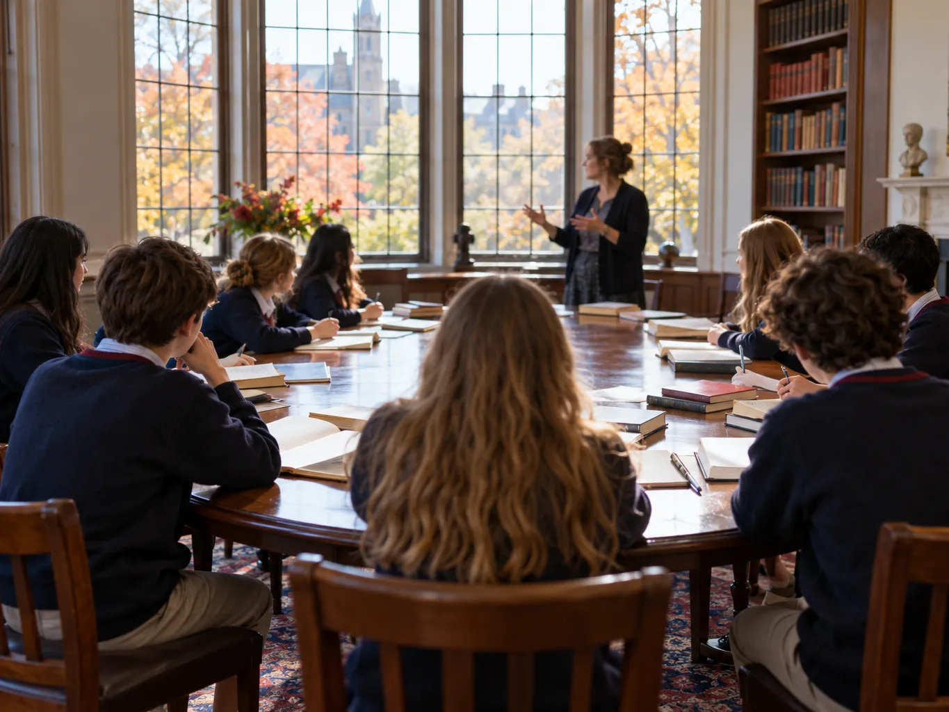 Middle school humanities seminar around a large oval wooden table, students seen from behind and in soft focus with…