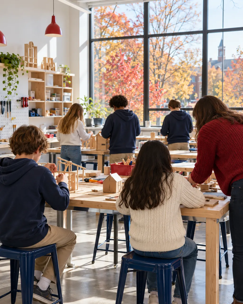 Bright school maker space with middle school students at wooden workbenches building simple wooden and cardboard…