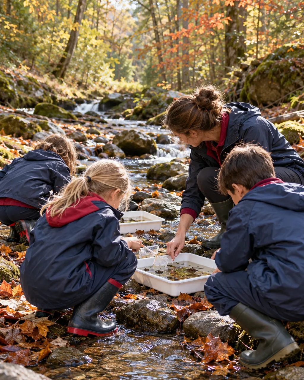 Teacher crouching beside a shallow mountain creek with a small group of elementary students seen from behind and…