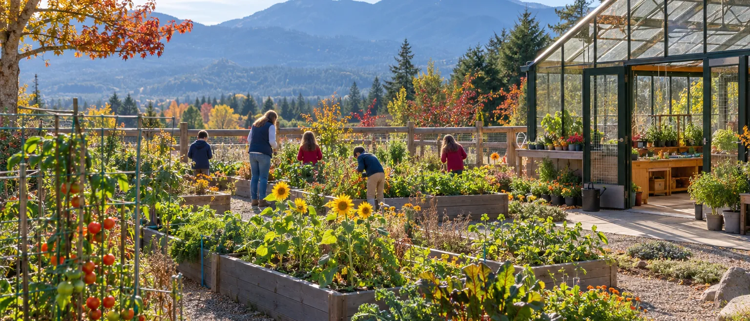 View of a school garden and greenhouse classroom in early autumn, raised beds with late tomatoes and sunflowers, a…