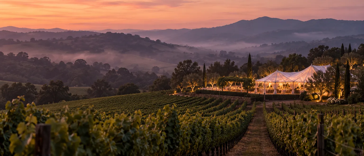Atmospheric shot of Napa Valley vineyard hills at dusk with a softly lit wedding reception tent glowing in the…