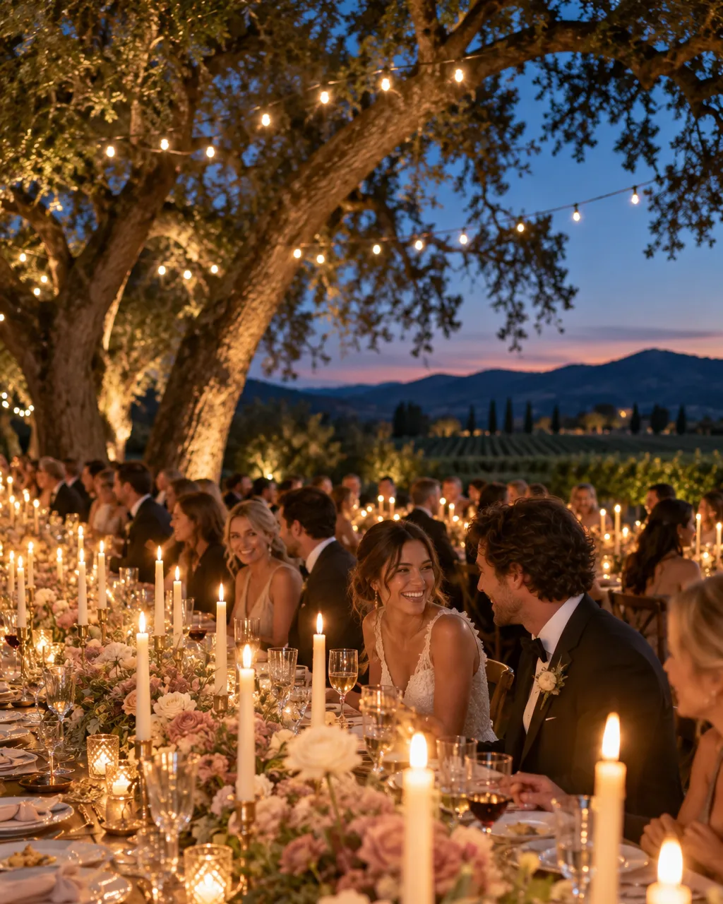 Long candlelit table under oak trees at dusk