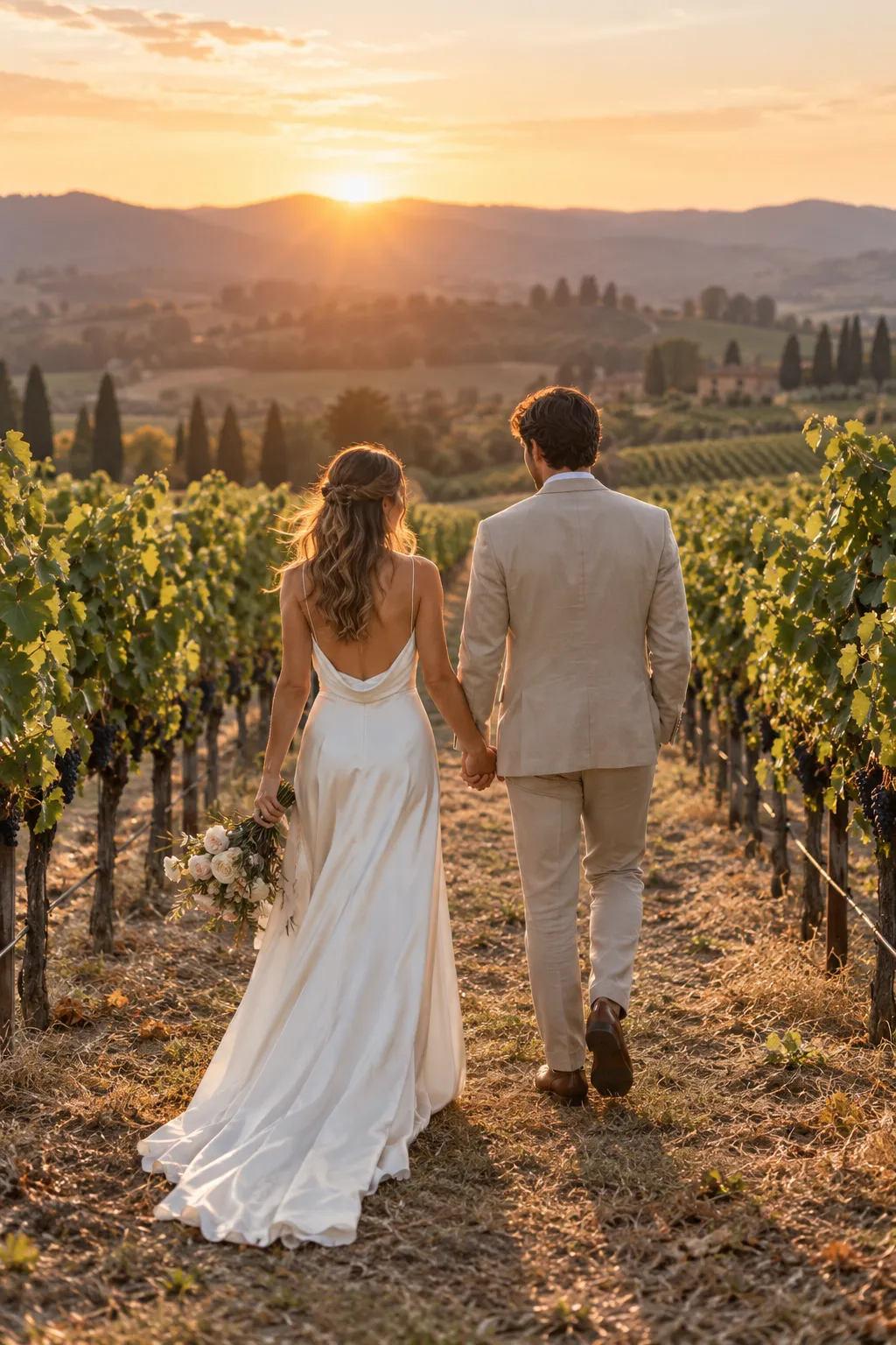 Bride and groom walking through vineyard rows