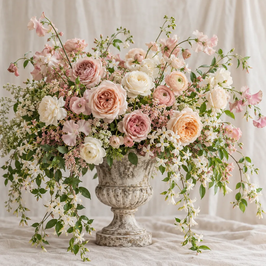 Garden roses and ranunculus centrepiece