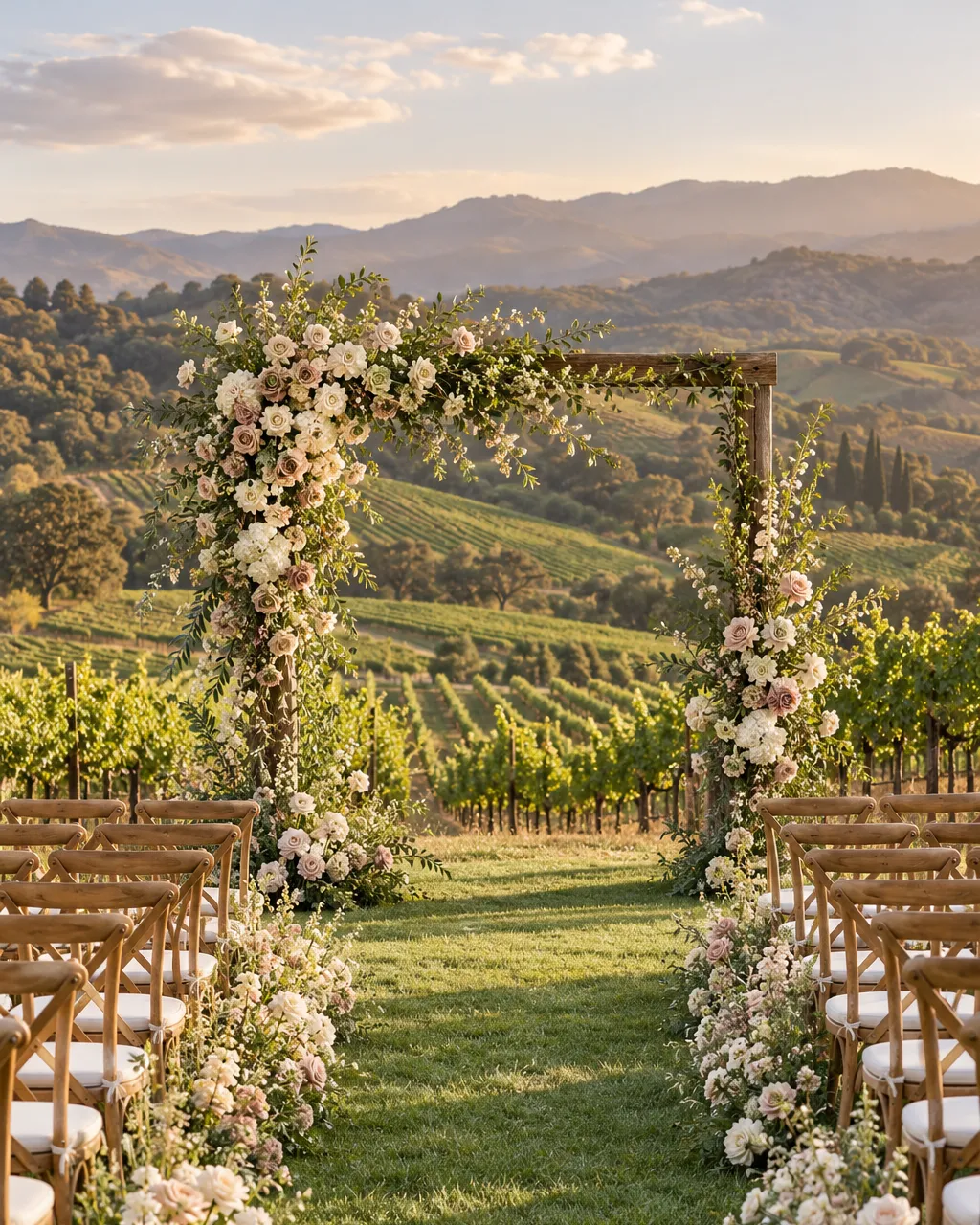 Ceremony arch of white florals in a vineyard