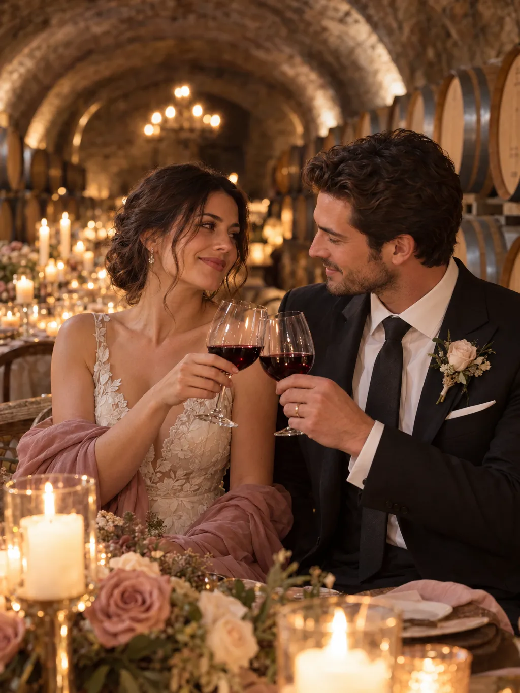 Couple sharing a toast in a barrel cellar
