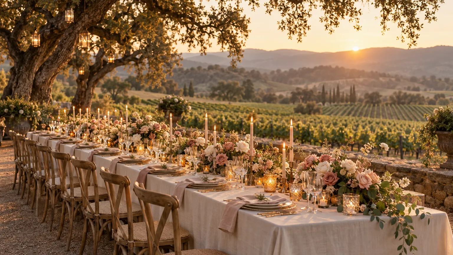 Romantic wide photograph of a long wedding reception table set beneath old oak trees in a Napa vineyard at golden…