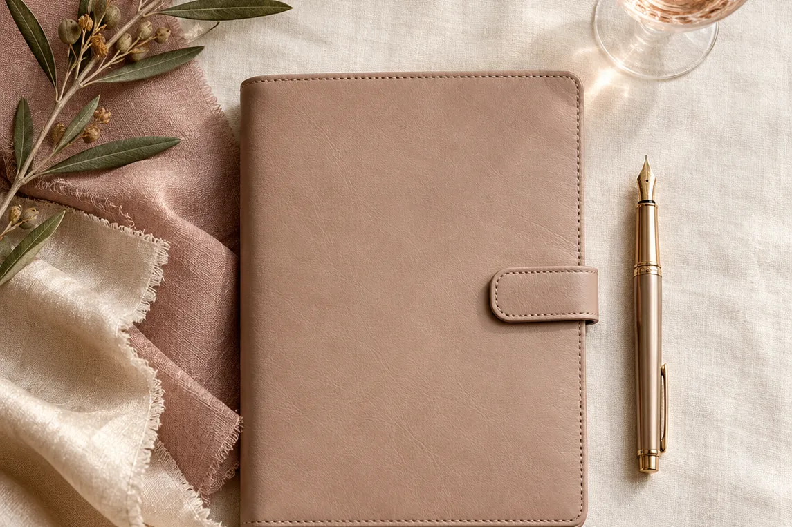 Elegant flat lay on ivory linen of a leather planner notebook without legible text, a fountain pen, fabric swatches…