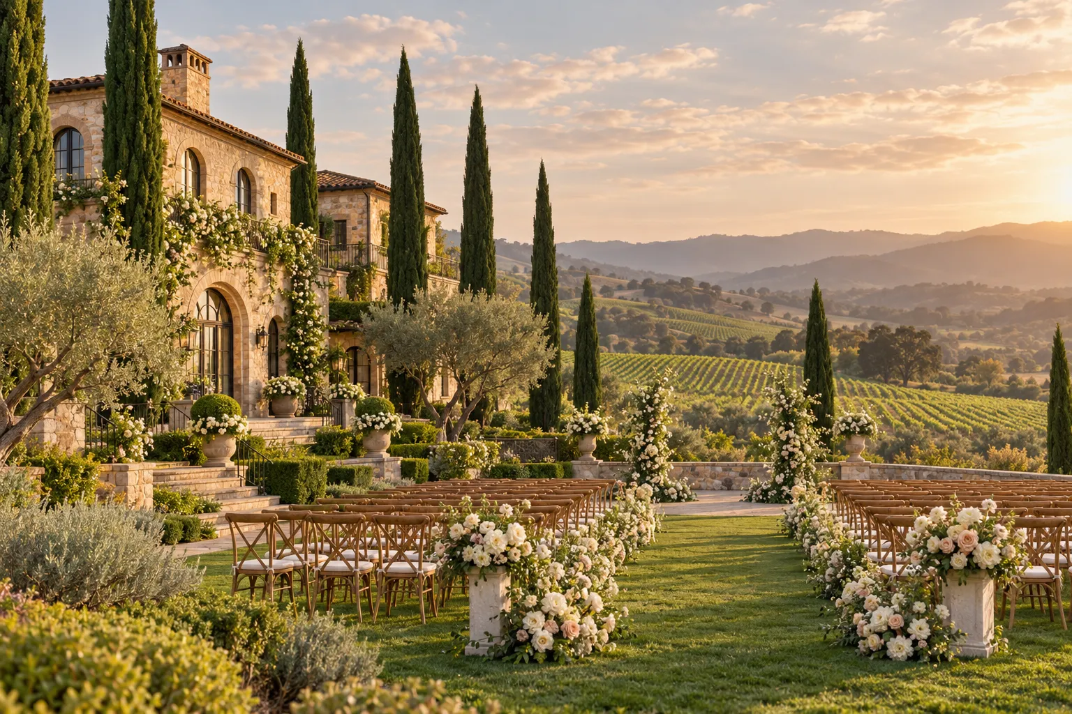 View of a Napa wine estate with a stone villa, cypress trees and a lawn prepared for a wedding ceremony, rolling…