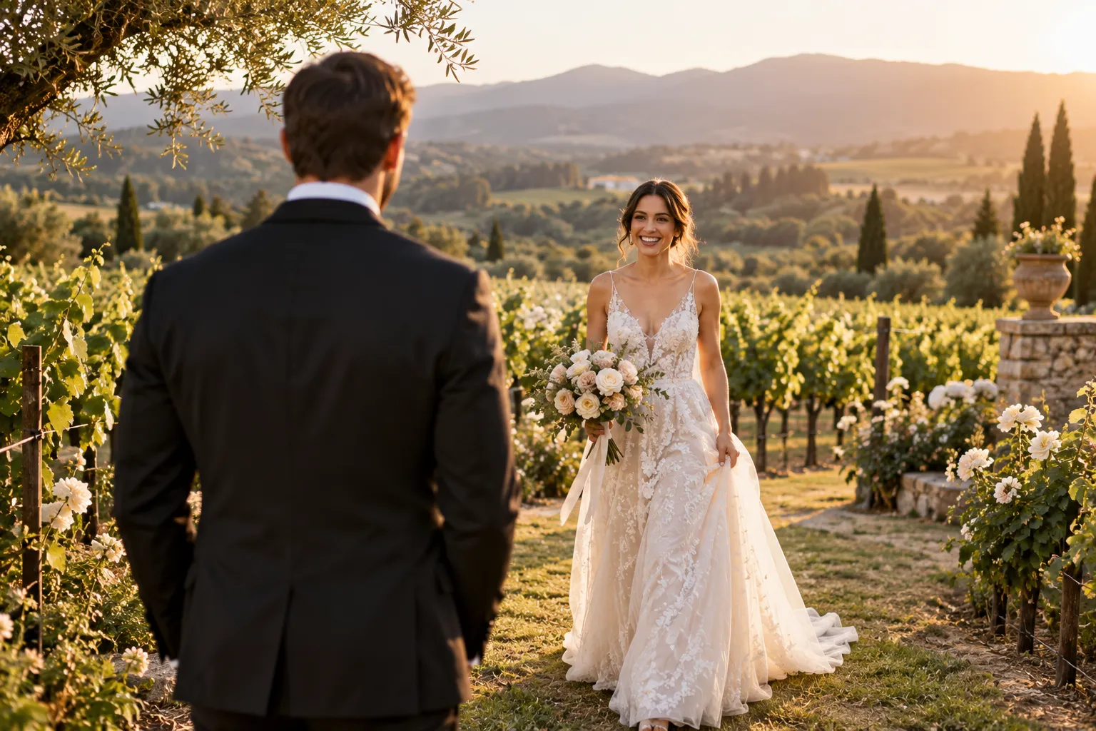 Couple's first look moment in a vineyard: groom seen from behind turning toward the bride approaching in an ivory gown
