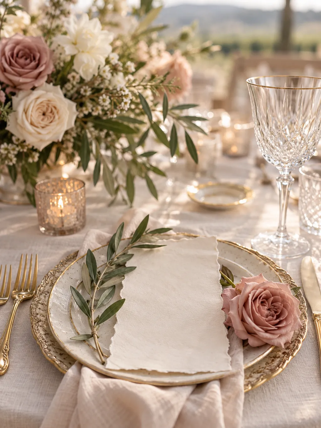 Elegant close-medium shot of a wedding place setting on ivory linen, hand-torn cotton paper menu without legible…
