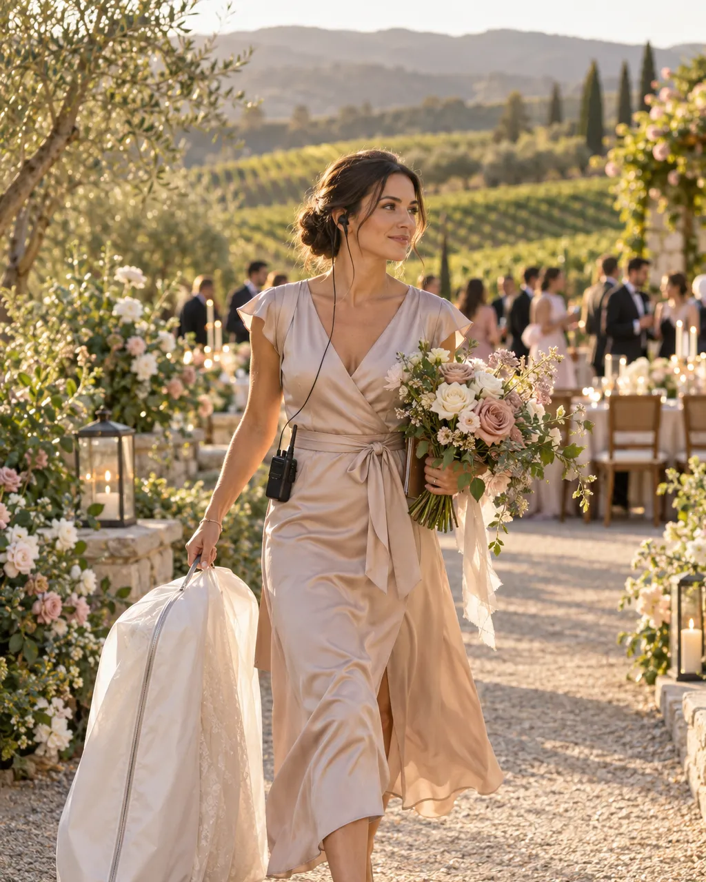 Wedding planner in a soft neutral dress walking briskly along a vineyard path holding a garment bag and bouquet,…