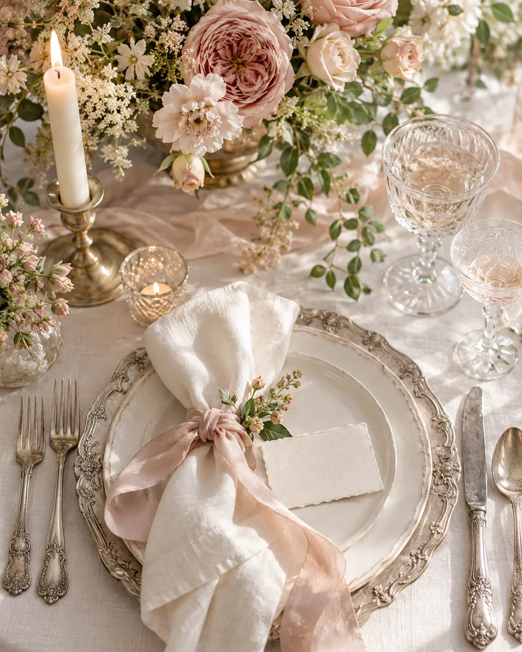 Place setting with handwritten menu and linen napkin