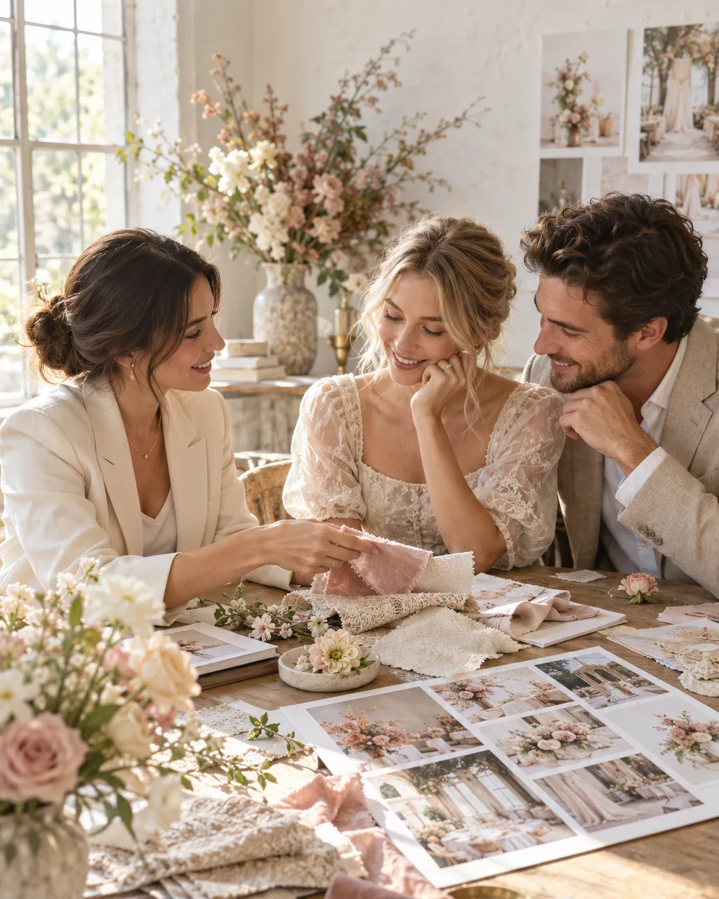 Planner and engaged couple seated at a sunlit studio table reviewing fabric swatches, floral samples and a printed…