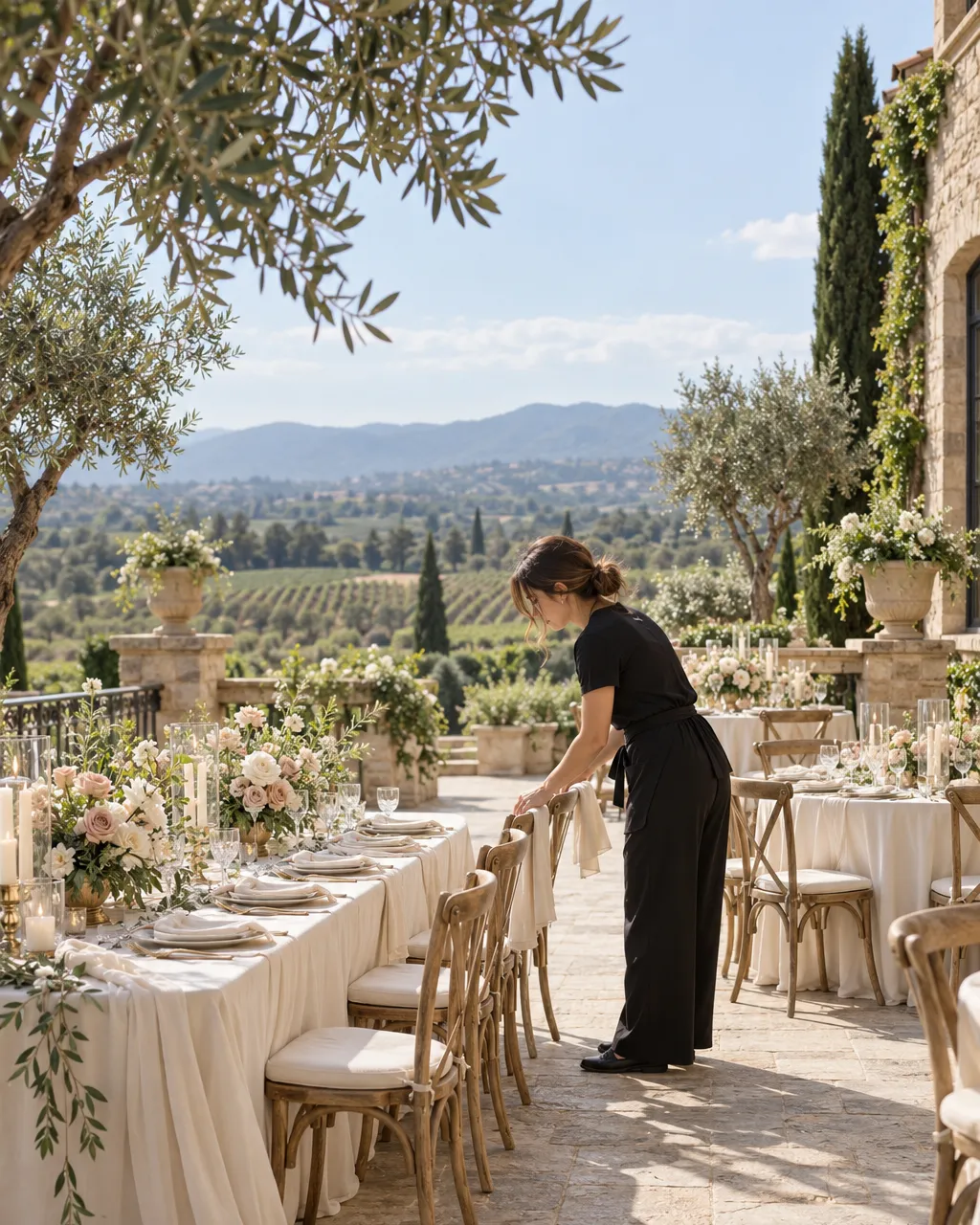 Wine country estate terrace being set for a wedding, planner arranging chairs and linens, olive trees and vineyard…