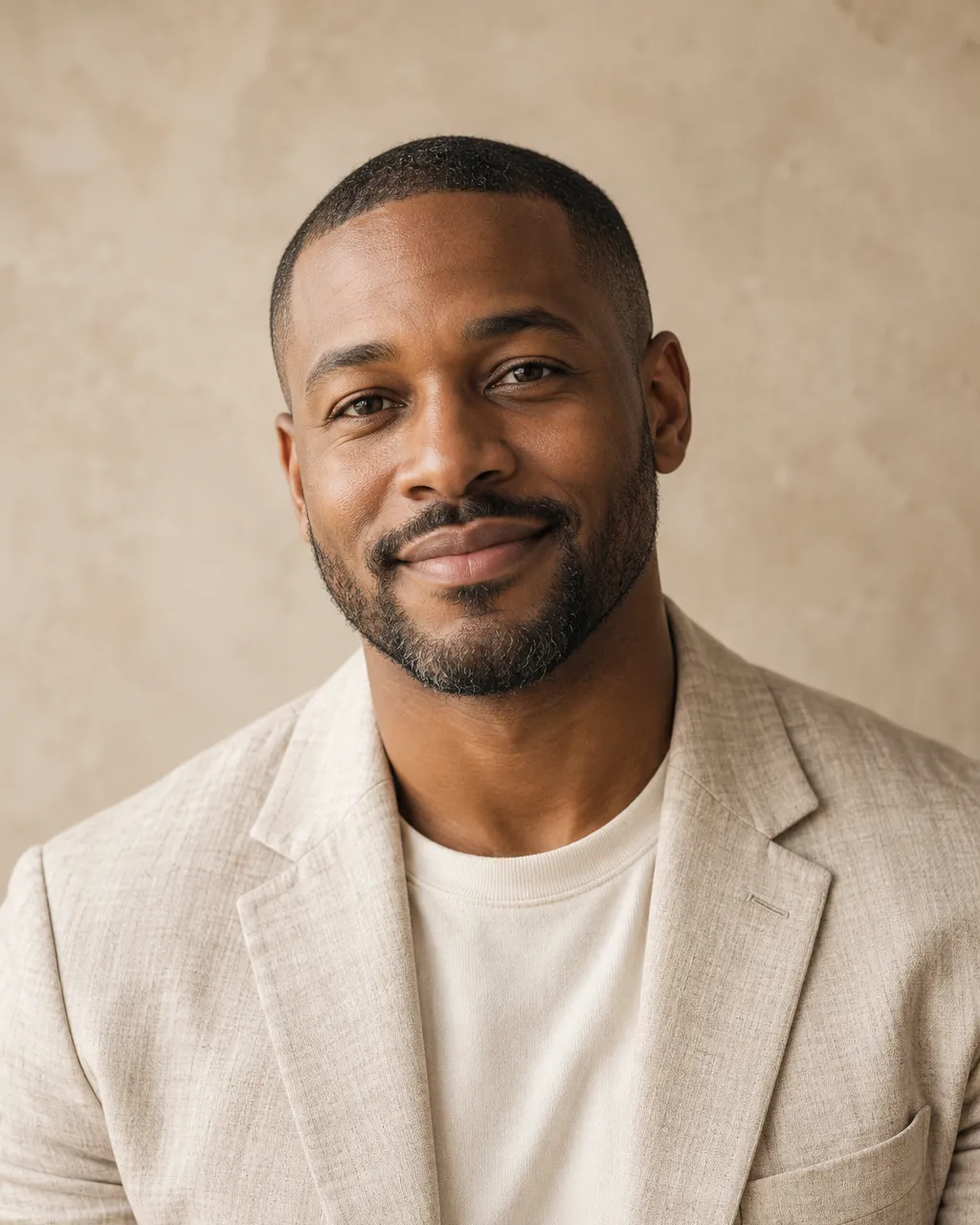 A Black man in his late thirties, senior wedding planner, close-cropped hair, light beard, oatmeal linen blazer over…