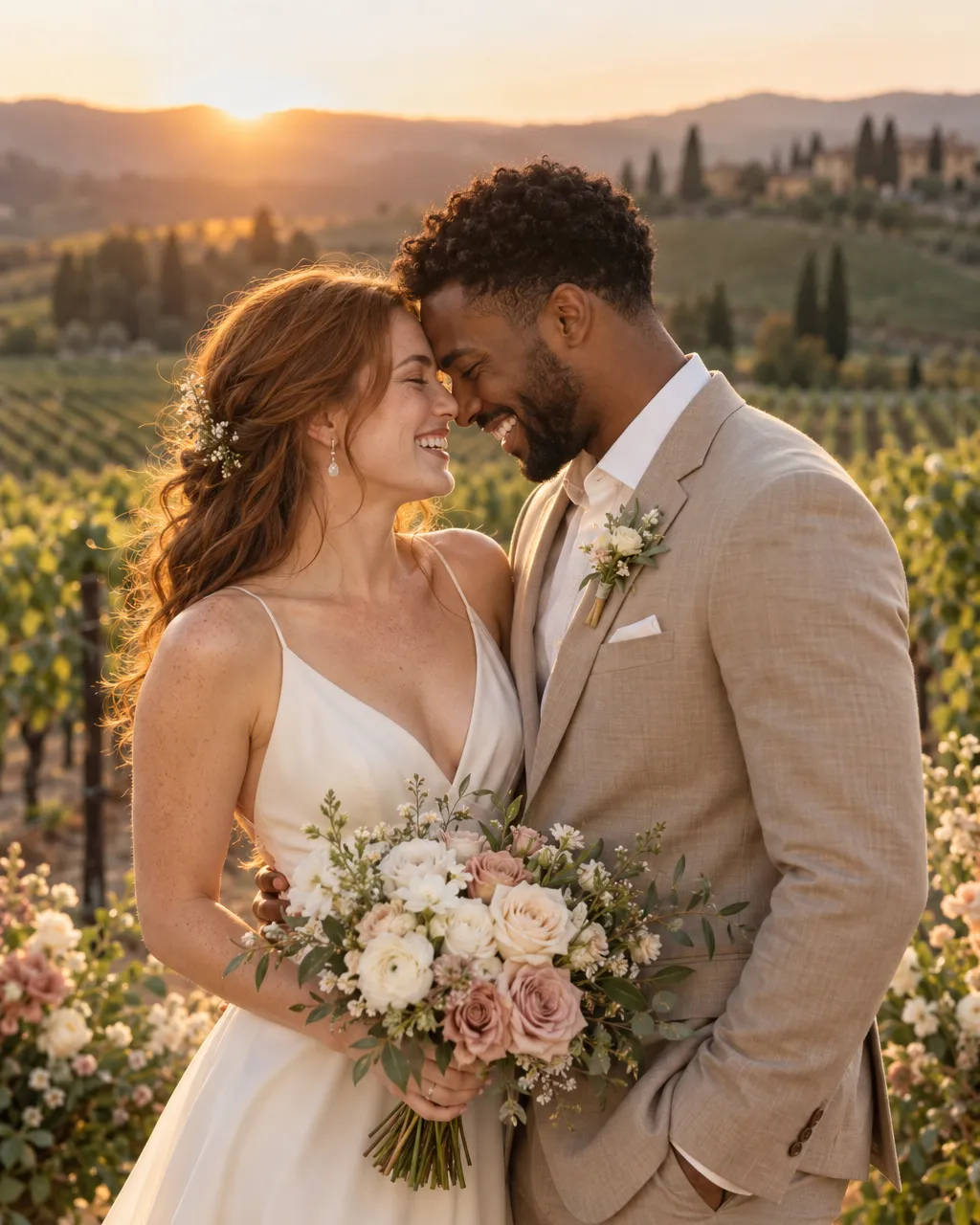 A joyful newlywed couple, a white woman with loose auburn waves in a simple ivory gown and a Black man in a soft tan…