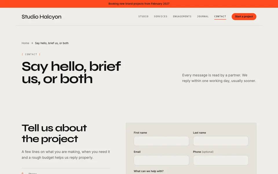 Studio Halcyon Contact page