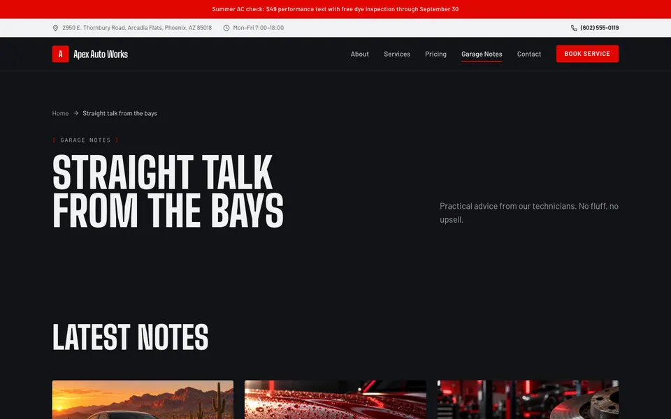 Apex Auto Works Garage Notes page