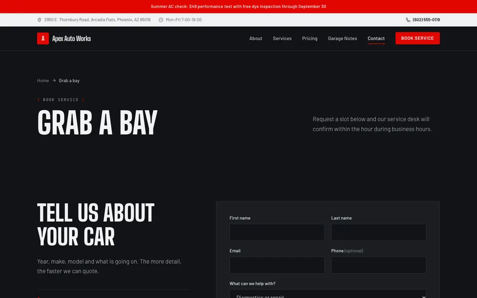 Apex Auto Works Contact page