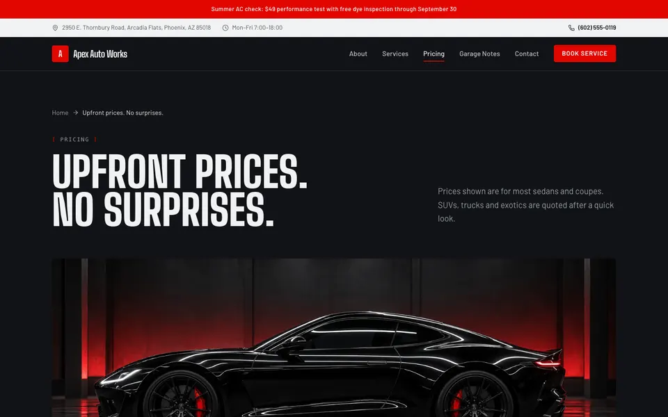 Apex Auto Works Pricing page