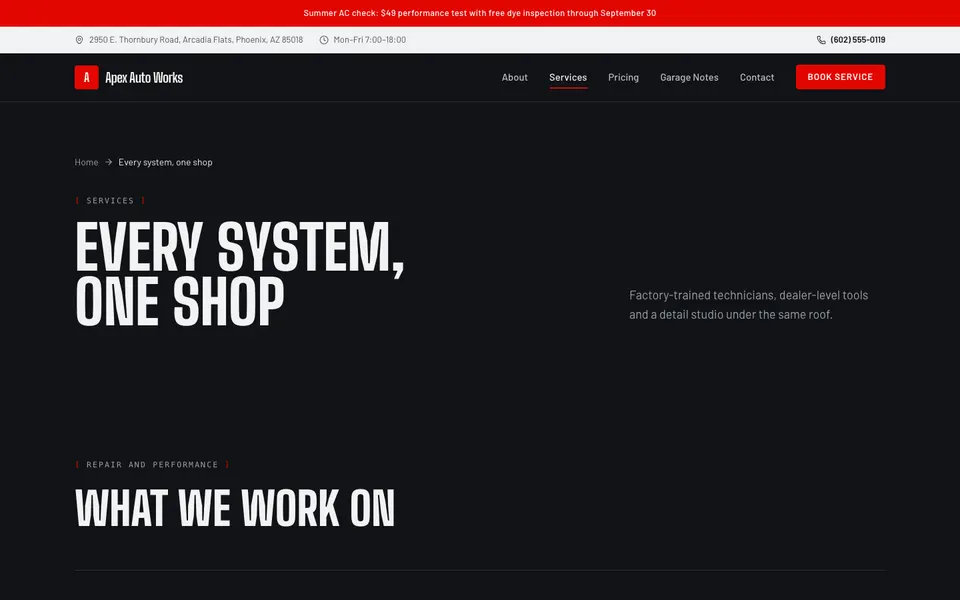 Apex Auto Works Services page