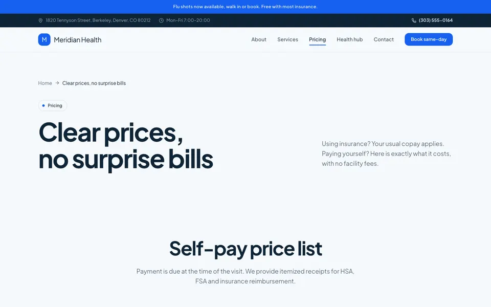 Meridian Health Pricing page