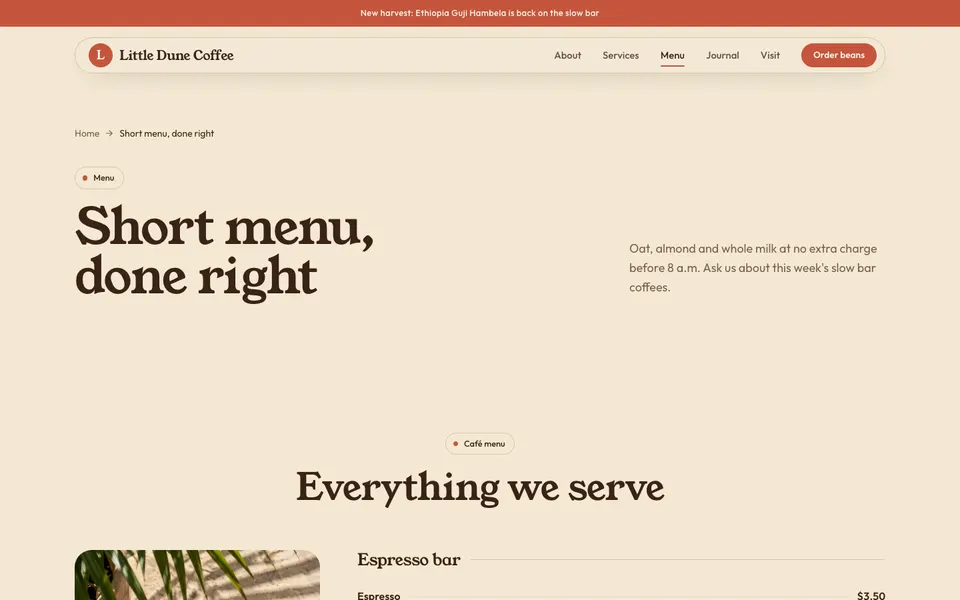 Little Dune Coffee Menu page