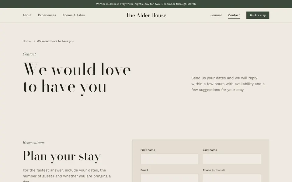The Alder House Contact page